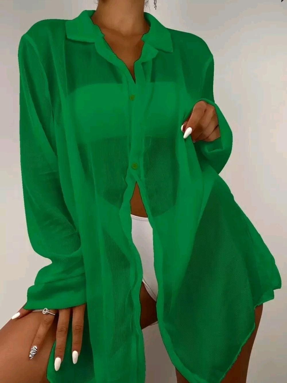 Green Sheer Button-Front Swim Cover-Up Top Women's Swim